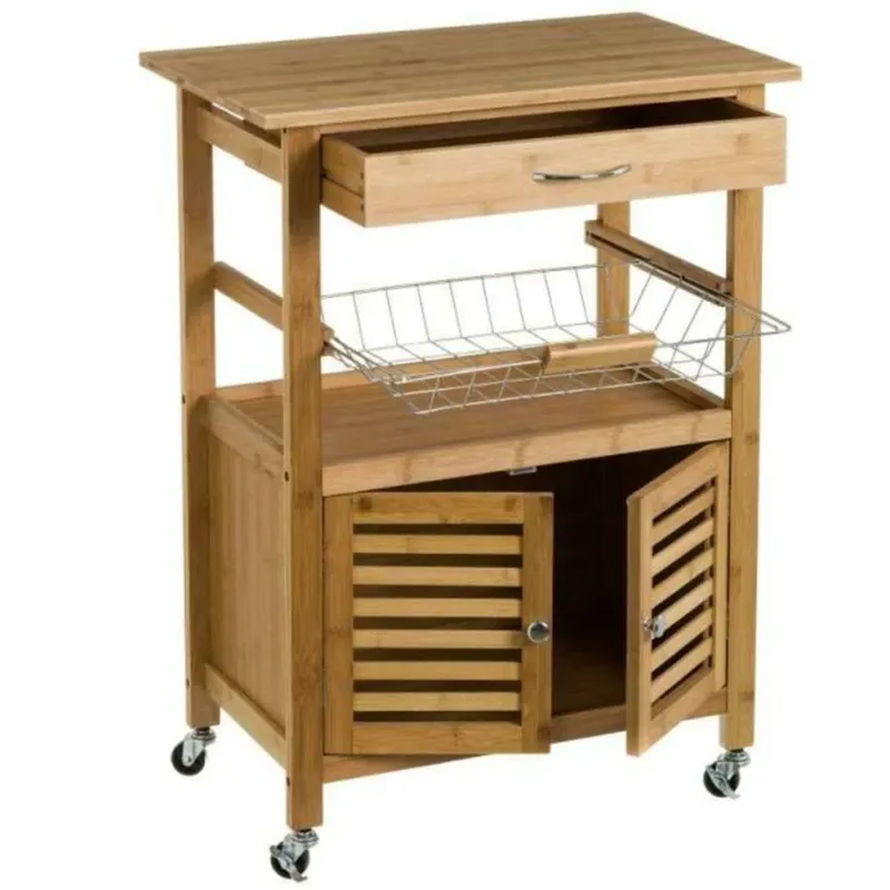 Compra Online Carrello Cucina Legno Bambu con Cassetto Cestello e Mobiletto 2 Ante 4 Ruote