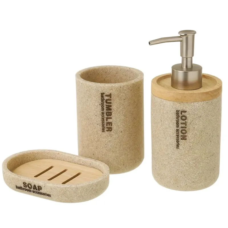 Set Bagno 3pz Con Dispenser Sapone Bicchiere Portaspazzolini Poliresina e Legno Super Prezzo