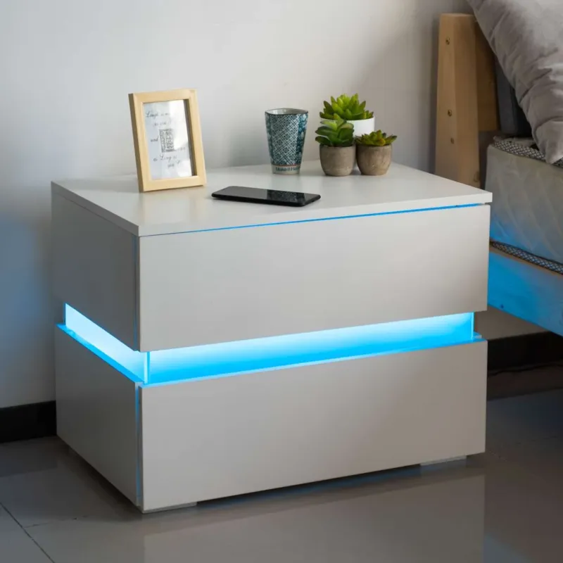 Comodino Mobiletto Cassettiera 2 Cassetti Design Con Led in legno MDF Bianco Spedito Oggi