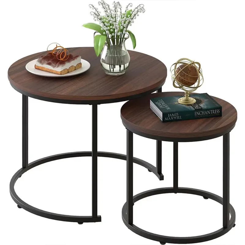 Nuova Collezione Set 2 Tavolini a Incastro Salvaspazio Noce Struttura in Metallo Nero e Piano MDF