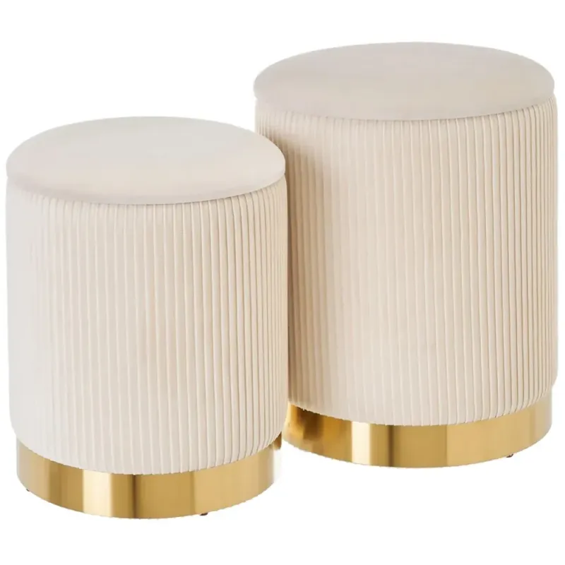 A Buon Prezzo Set 2 Pouf Contenitore Crema Velluto Sgabello Poggiapiedi Rotondo Portata 120kg