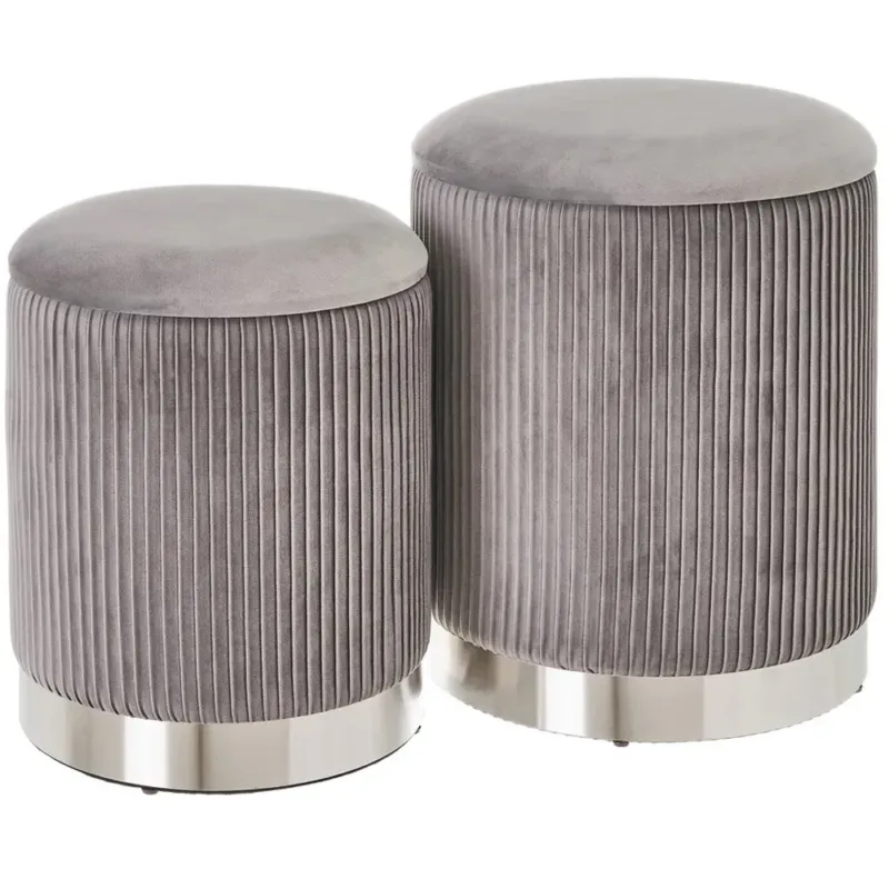Vendita Finale Set 2 Pouf Contenitore Grigio Velluto Sgabello Poggiapiedi Rotondo Portata 120kg