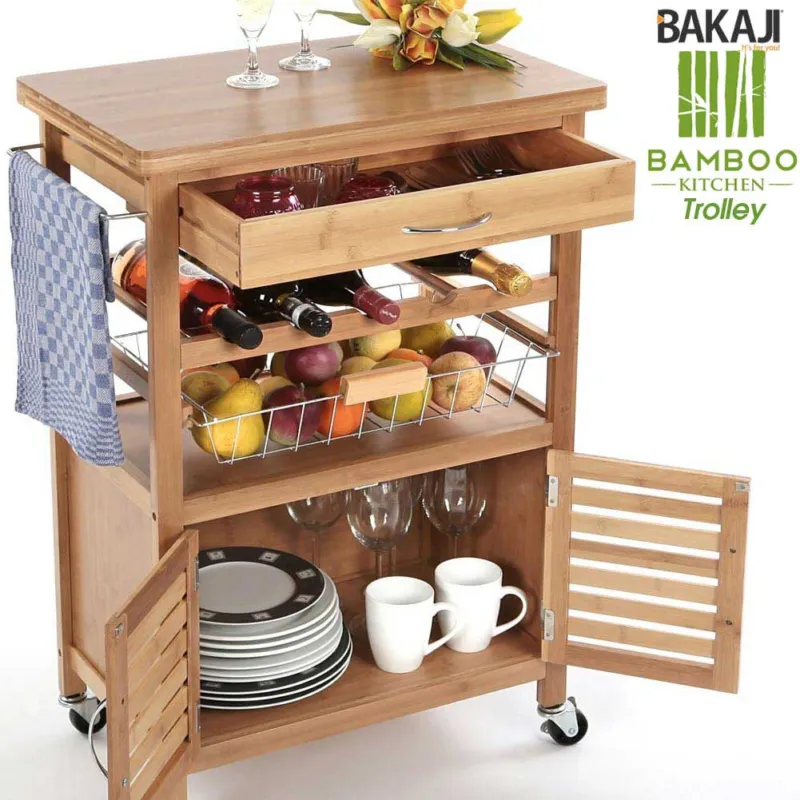 Prezzo Di Fabbrica Carrello Cucina in legno BAMBU con Portabottiglie Cassetto Posate Cesto Acciaio