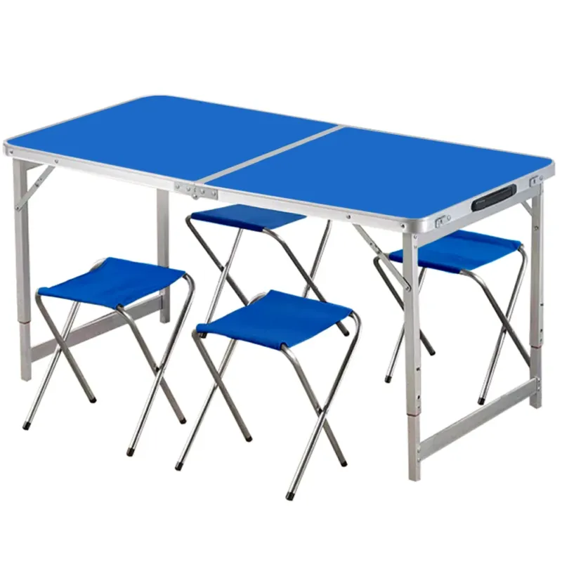 Prezzo Basso Set Tavolo Pieghevole con 4 Sedie Blu da Campeggio Picnic Giardino Portatile