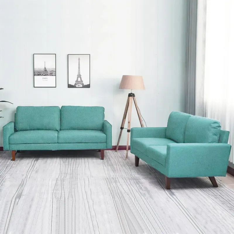 Occasione Set 2 Divani in Lino Divano e Divanetto per Salotto con Gambe di Legno Verde