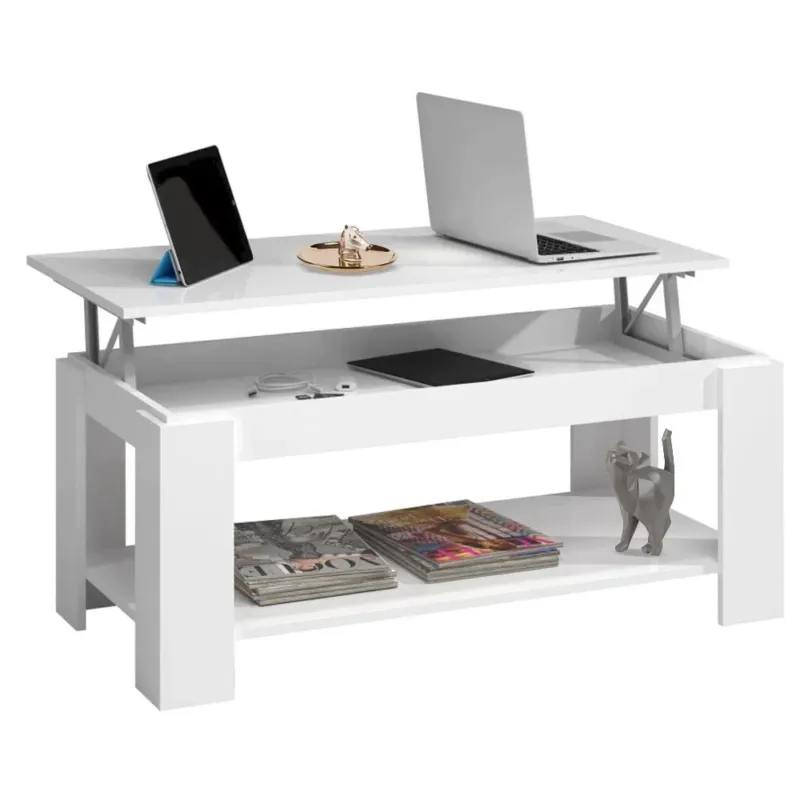 Offerta Tavolino Soggiorno con Rialzo Contenitore Tavolo Salotto Moderno Apribile Bianco