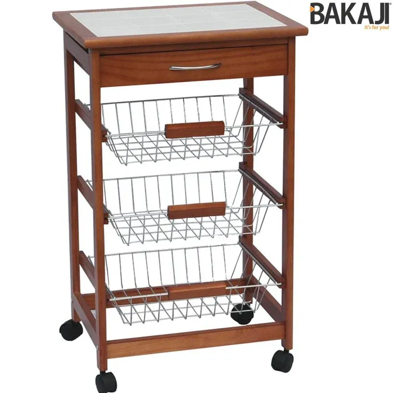 Carrello Cucina in legno 3 Cestelli Acciaio e Ripiano 12 Mattonelle in Ceramica Promo Stagionale