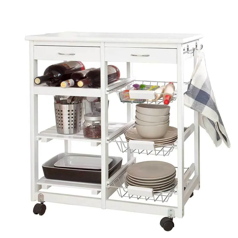 Carrello Cucina Legno 2 Cassetti Portaposate Portabottiglie 5 Scomparti Bianco Occasione