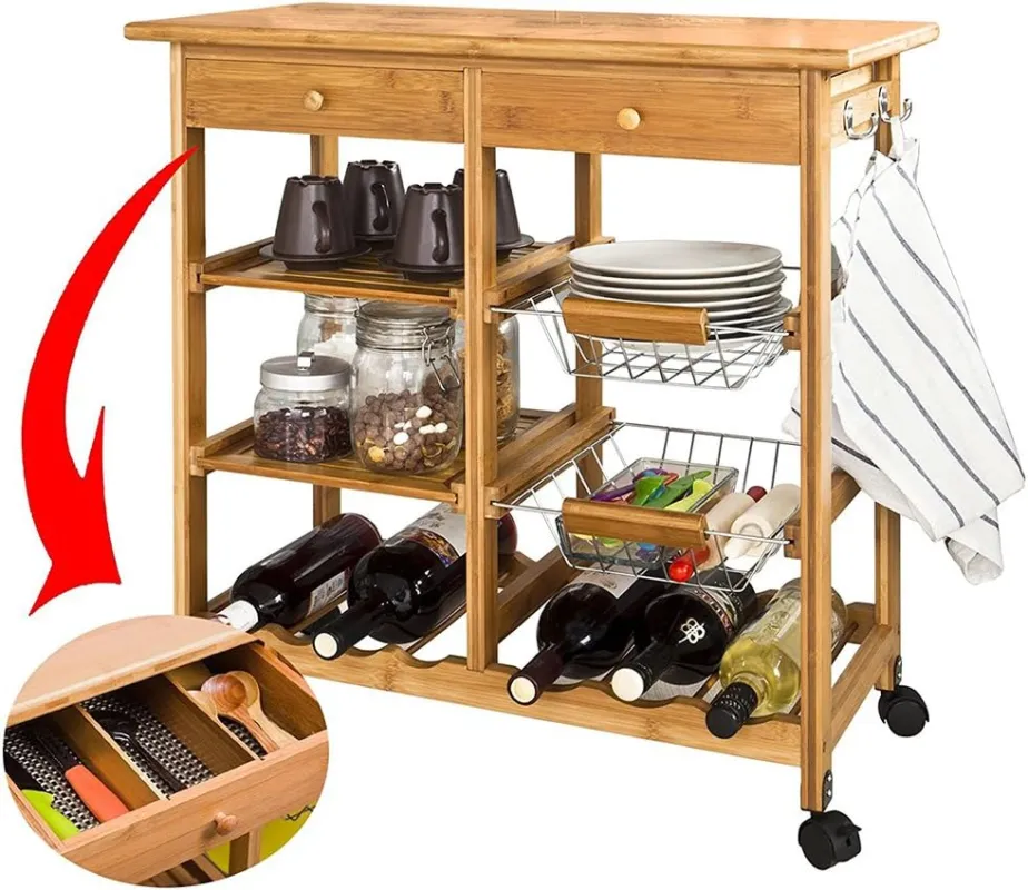 Carrello Cucina Legno Bambu 2 Cassetti Portaposate Portabottiglie 4 Scomparti Prezzo Basso