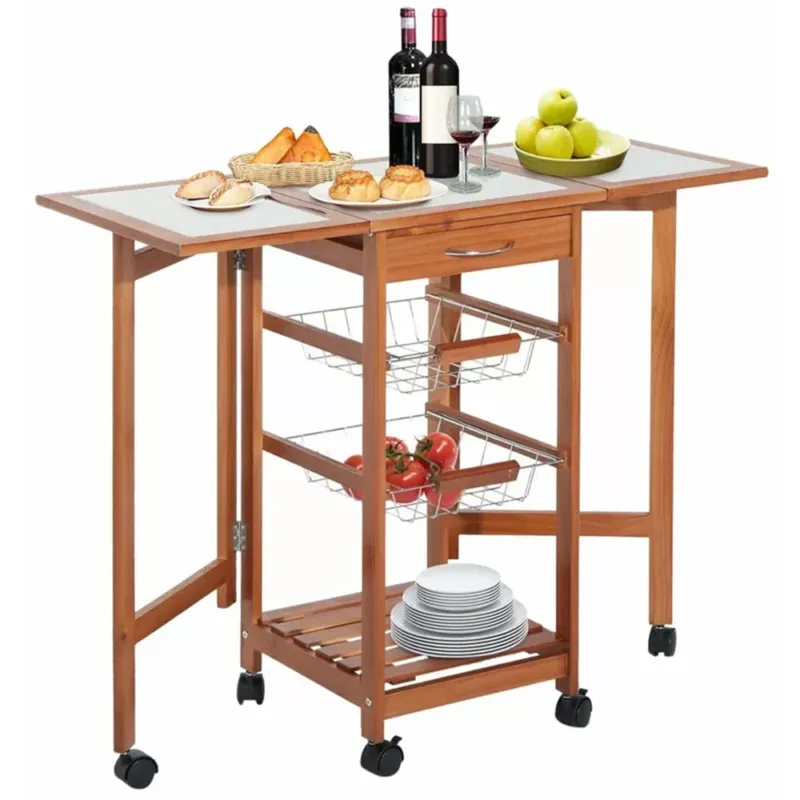 Di Tendenza Carrello Cucina Legno Estensibile con Ripiani Pieghevoli 3 Cestelli e Cassetto