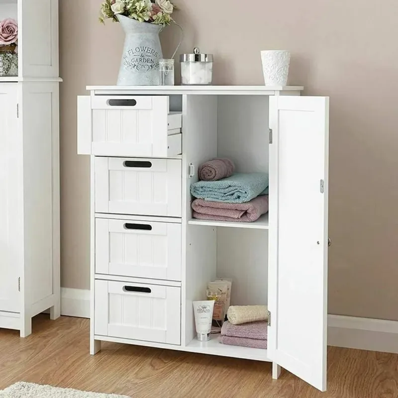 Mobile Bagno 4 Cassetti + Anta Mobiletto Cassettiera Legno MDF Bianco 55x81cm Offerta Speciale