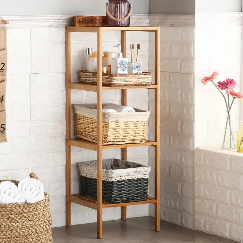 Mobile Scaffale Bagno a Colonna 4 Ripiani Libreria Angolo Legno Bambu 33x110cm Offerta