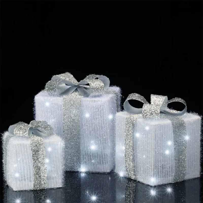 Set 3 Pacchetti Pacchi Regalo Luminosi Natale Bianco e Argento Interni e Esterni Promozione Esclusiva