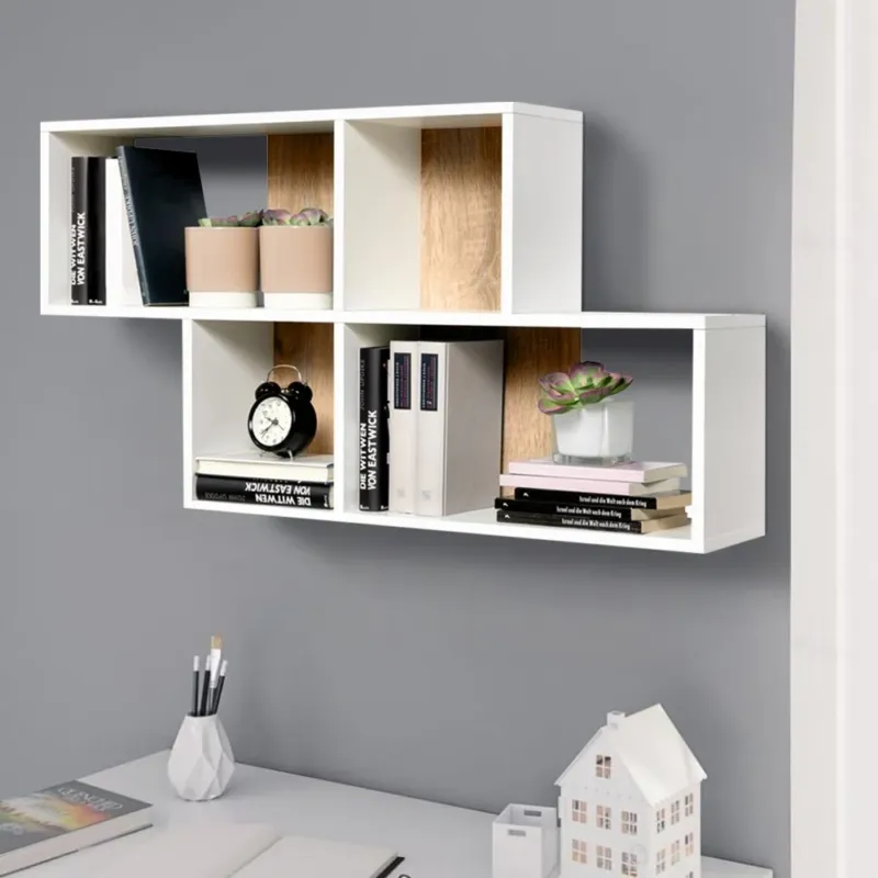 Libreria Scaffale Parete 4 Mensole Ripiani Design Moderno Legno Quercia Bianco Solo Oggi