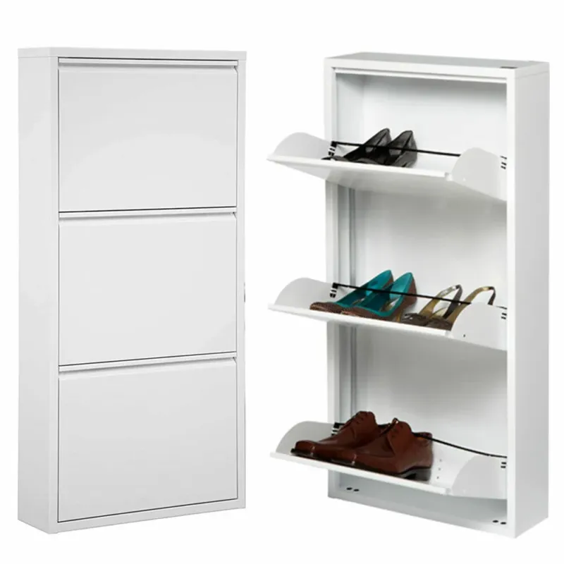 Scarpiera Slim Metallo 3 Ante Ripiani Portascarpe Salvaspazio 104x50x14cm Bianco Reso Gratuito