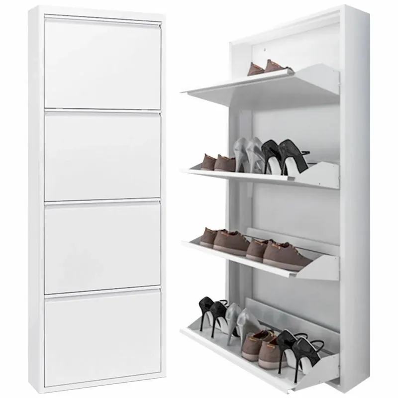 Esclusivo Scarpiera Slim Metallo 4 Ante Ripiani Portascarpe Salvaspazio 140x50x14cm Bianco