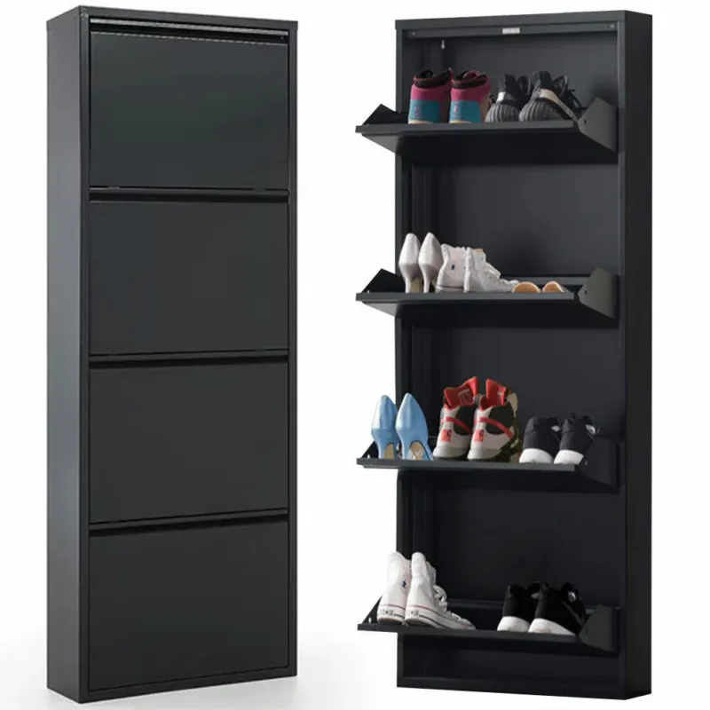 Spedito Oggi Scarpiera Slim Metallo 4 Ante Ripiani Portascarpe Salvaspazio 140x50x14cm Nero