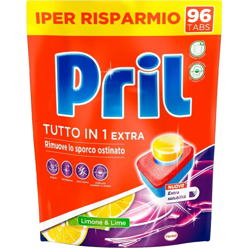 Pril 3 Azioni Limone e Lime Detersivo Lavastoviglie 96 Tabs Piatti Sempre Puliti Professionale