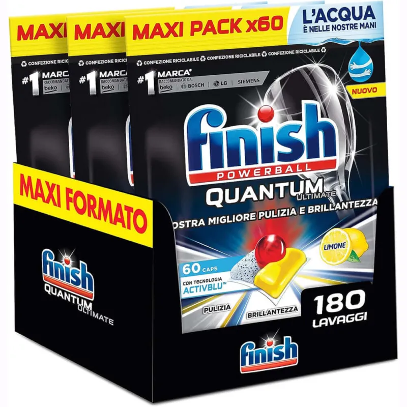 3 x Finish Powerball Quantum Ultimate 60Pastiglie Lavastoviglie Fragranza Limone Prezzo Basso