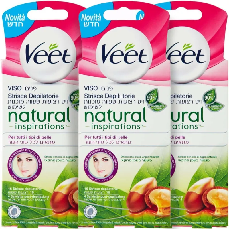 3 x Veet Strisce Depilatorie Viso Natural Inspirations Argan Oil 16 Strice Offerta Speciale
