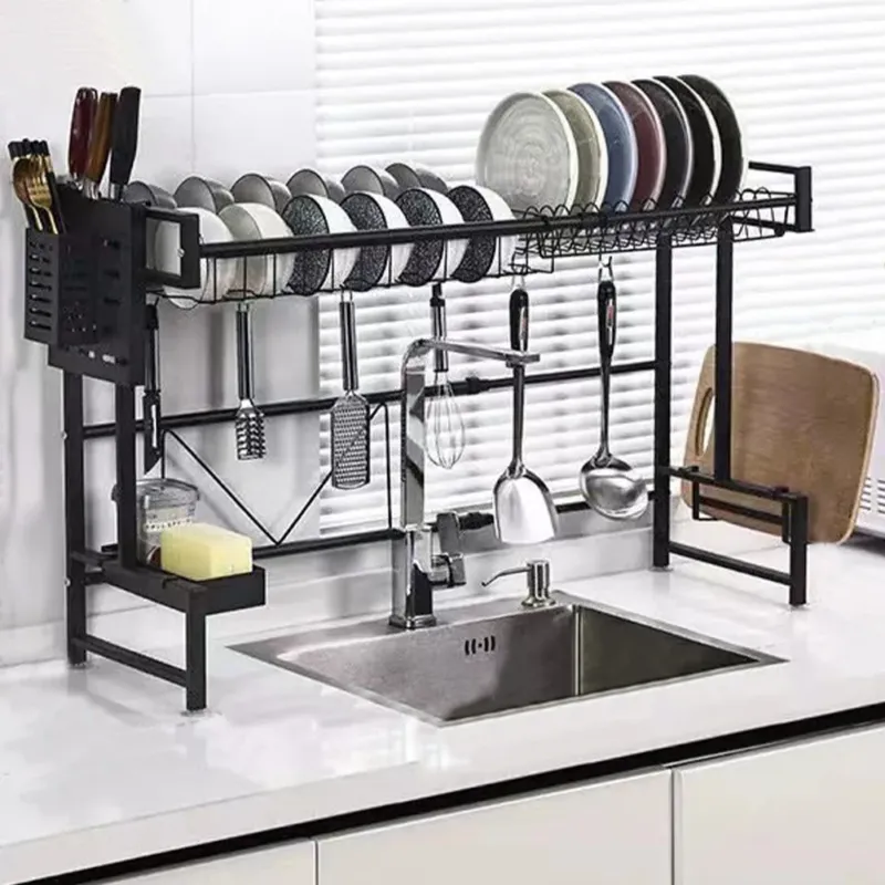 Affare Scolapiatti da Cucina Allungabile Metallo Nero 1 Ripiano Salvaspazio e Accessori