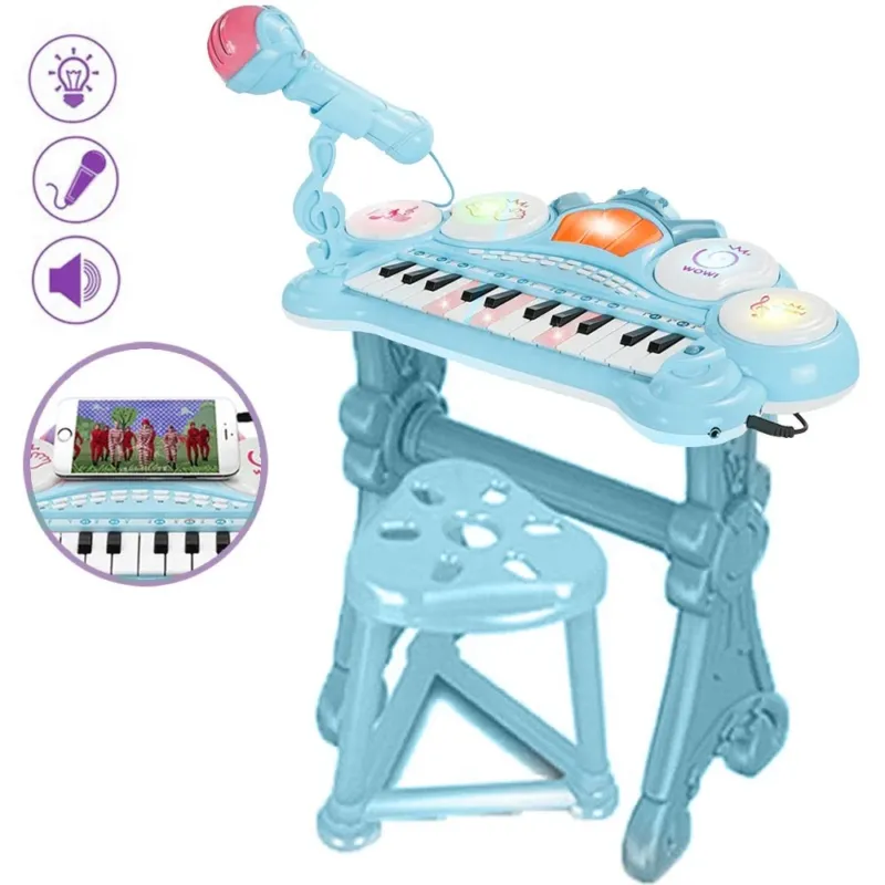Promozione Pianola Tastiera Giocattolo Bambini 24 Tasti Microfono Attacco Mp3 Supporto Blu