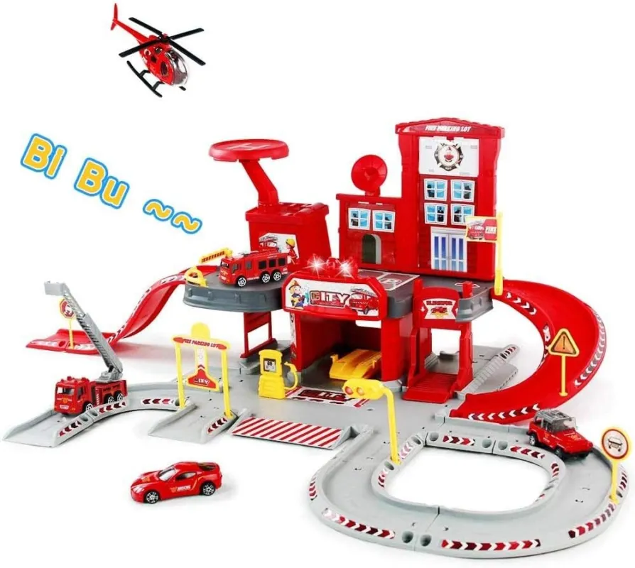 Professionale Garage Stazione Vigili del Fuoco Luci Suoni + Veicoli Elicottero Camion Pompieri
