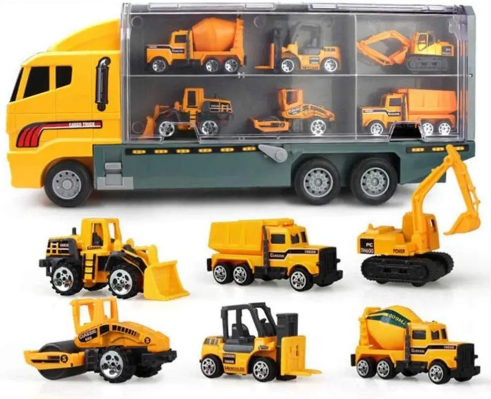 Camion Bisarca con 6 Veicoli Lavoro Giocattolo Bambini con Muletto Gru Bulldozer Consegna Rapida