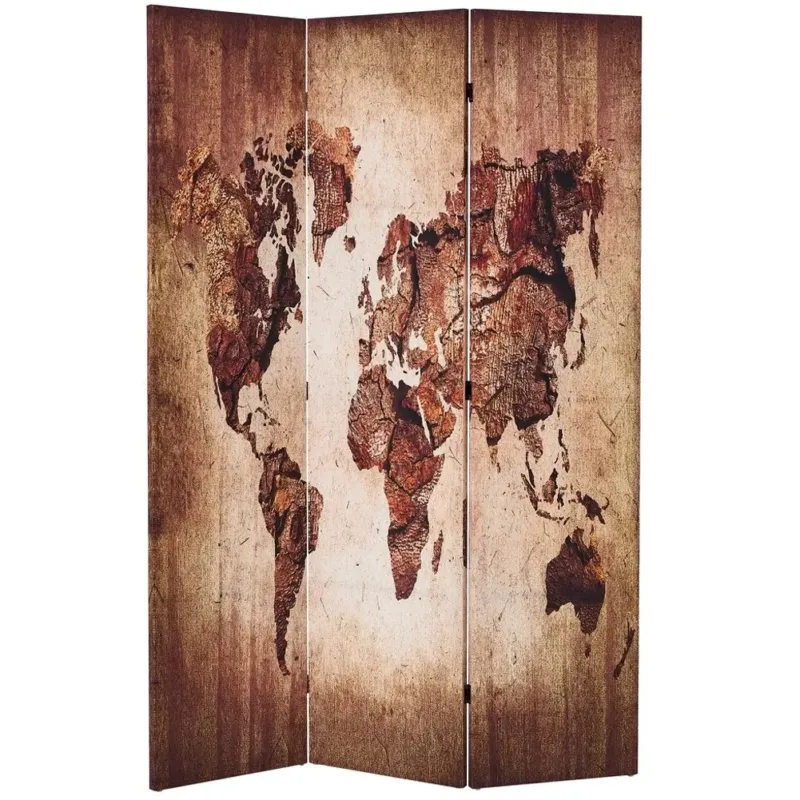 Paravento Separé 3 Pannelli Struttura Legno Stampa Cartina Geografica 180x120cm A Buon Prezzo