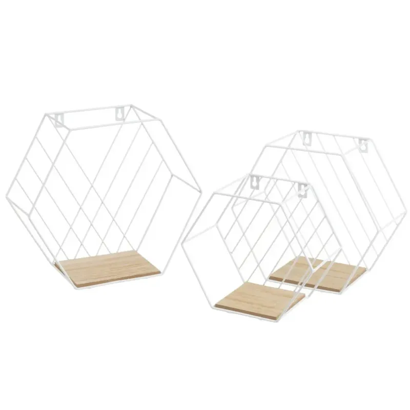 Prezzo Di Fabbrica Set 3 Mensole Esagonale da Parete Design Industrial Scaffale Bianco Legno Naturale