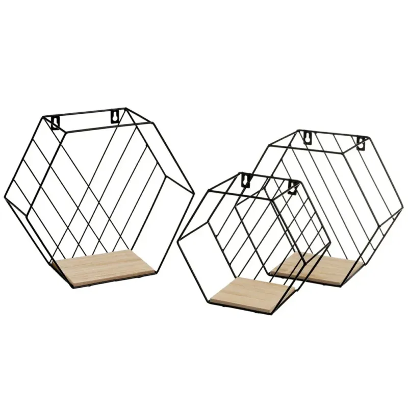Set 3 Mensole Esagonale da Parete Design Industrial Scaffale Nero Legno Naturale Must-Have