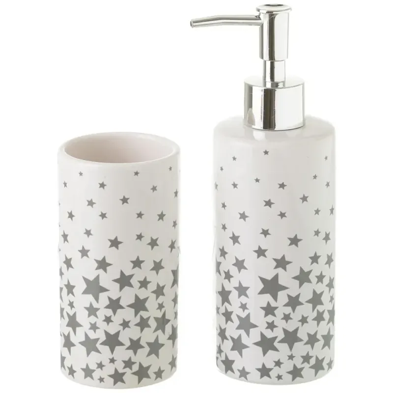 Ultima Occasione Set Accessori Bagno 2Pz Ceramica Dispenser Sapone Porta bicchieri Stelle Grigio