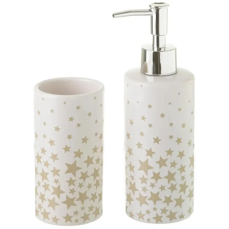 Set Accessori Bagno 2Pz Ceramica Dispenser Sapone Porta bicchieri Stelle Beige Spedizione Espresso