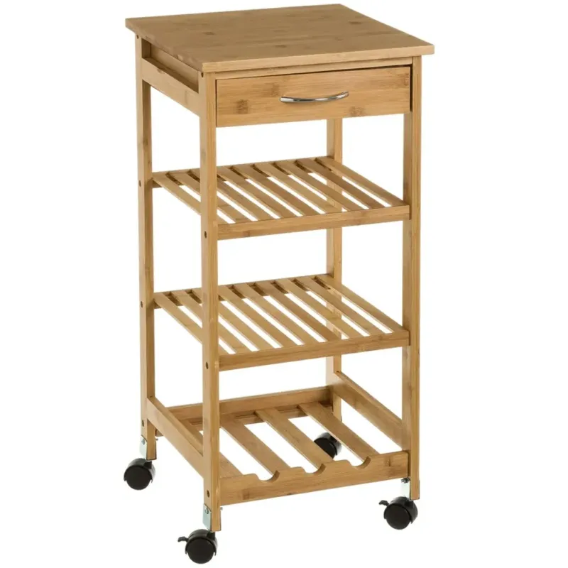 Must-Have Carrello da Cucina Bambù Salvaspazio con 1 Cassetto 3 Ripiani e Portabottiglie