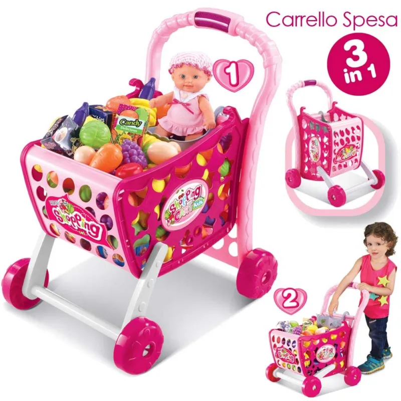 Prezzo Conveniente Carrello Spesa Supermarket per Bambina Colore Rosa con Frutta e Verdura 3in1 New