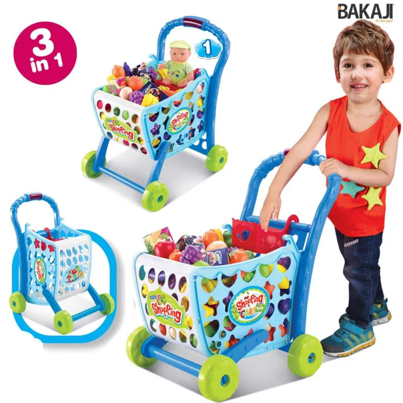 Carrello Spesa Supermarket per bambini colore Azzurro con Frutta e Verdura 3in1 Spedito Oggi