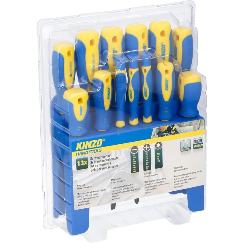 Novità SET 13PZ CACCIAVITI GIRAVITI MAGNETICI CHROME VANADIUM CON STAND SUPPORTO KINZO