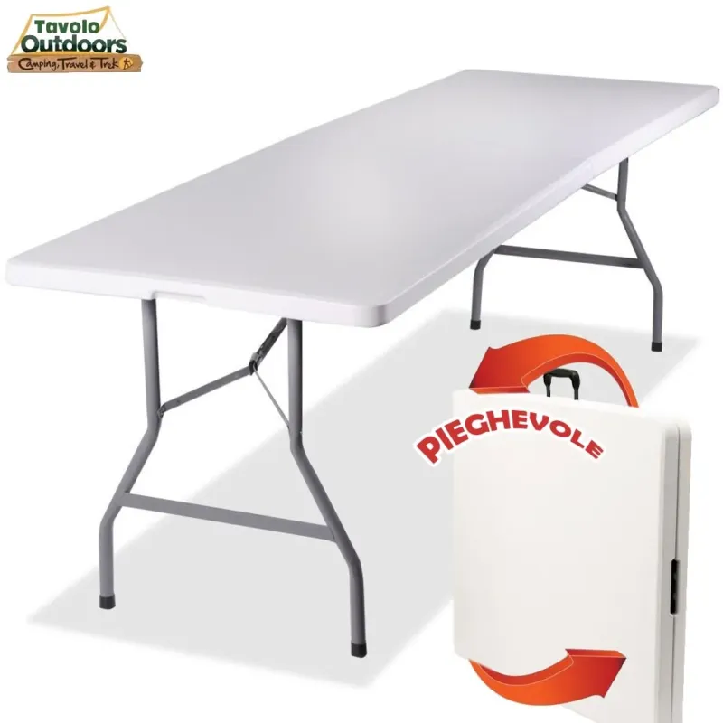 Popolare Tavolo Pieghevole in Resina 244x76x72cm Metallo Richiudibile a Valigetta Bianco
