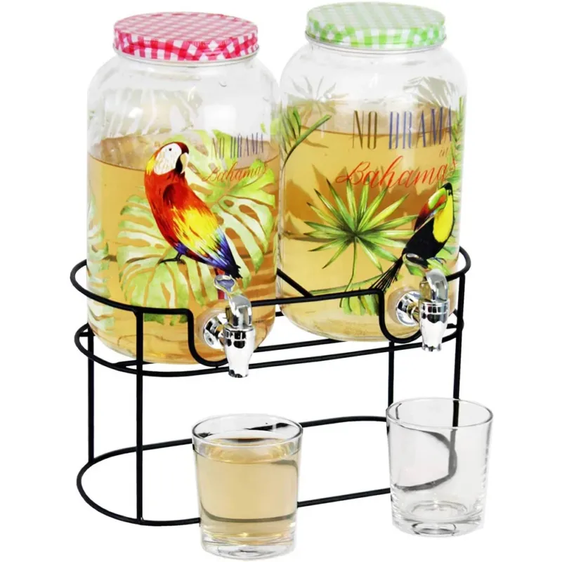 Dispenser Bibite con Rubinetto In Vetro 2 x 3Lt Erogatore Acqua Bevande Con Stand Offerta Del Giorno