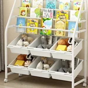 Acquista Ora Scaffale Libreria per Bambini con 6 Scomparti 3 Ripiani Organizer Ferro 4 Ruote