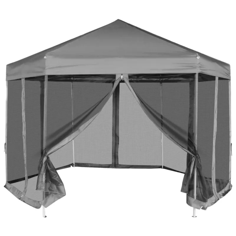 Gazebo Esagonale Pop-Up con 6 Pareti Grigio e Nero 3,6x3,1 m Compra Online