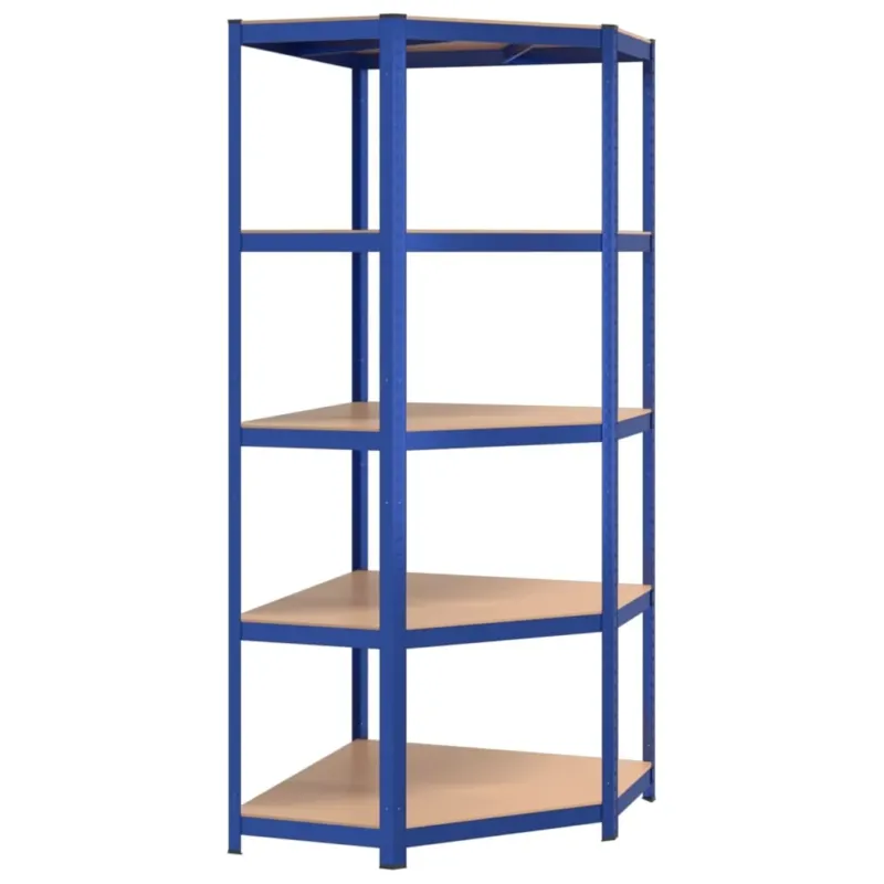 Scaffale Angolare 5 Strati Colore Blu in Acciaio e Mensole in Legno Multistrato Esclusivo