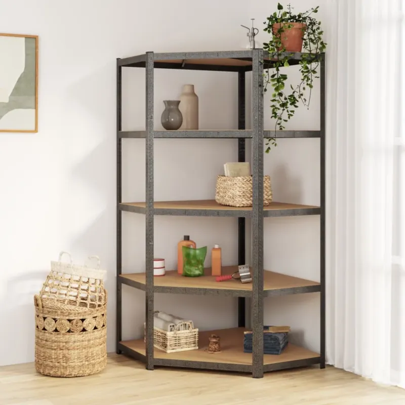 Offerta Lampo Scaffale Angolare Resistente Robusto Organizer 5 Ripiani Grigio Acciaio e Legno