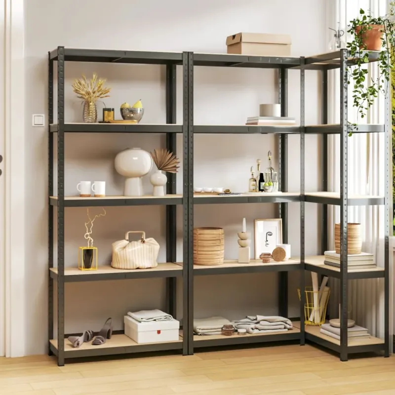 Set 3 Mensole Organizer 5 Strati Antracite Telaio in Acciaio e Legno Multistrato Quantità Limitata