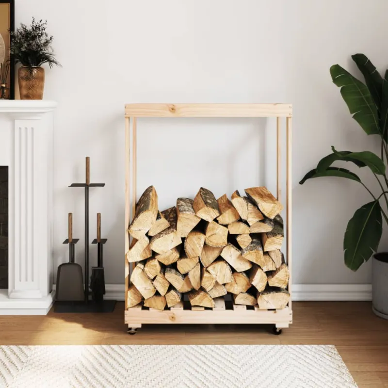 Portalegna con Ruote 76,5x40x108 cm Legno Massello di Pino Offerta Lampo