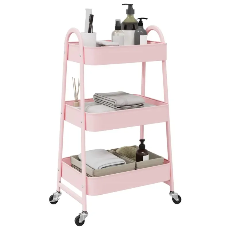Ultima Occasione Carrello Multiuso Rosa 3 Ripiani con Ruote in Acciaio 42x41,5x77 cm
