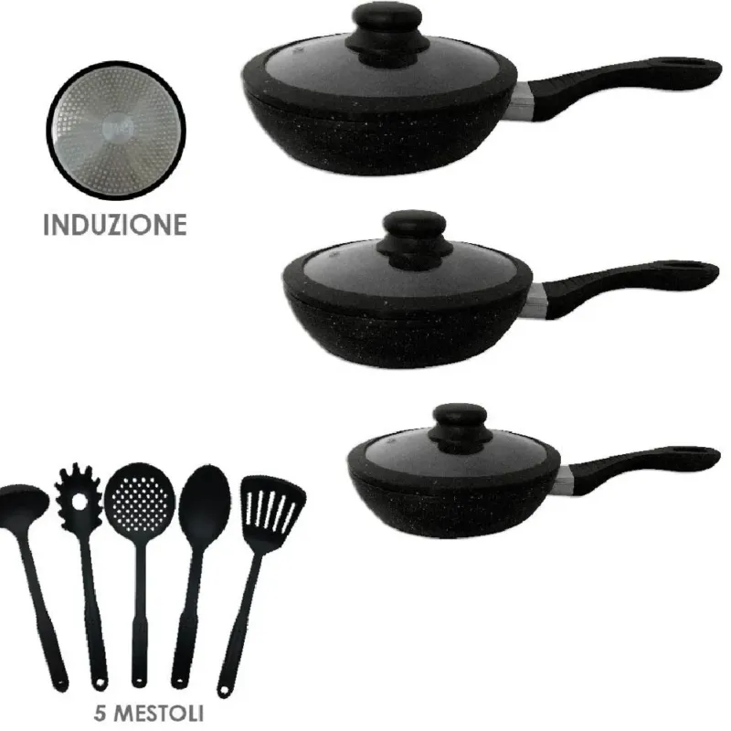 Set Padelle Induzione Pietra Antiaderenti 20/24/28 cm Coperchi e 5 mestoli Nero Affare