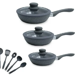 Set Padelle Induzione Pietra Antiaderenti con Coperchi e 5 Mestoli Grigio Compra Adesso