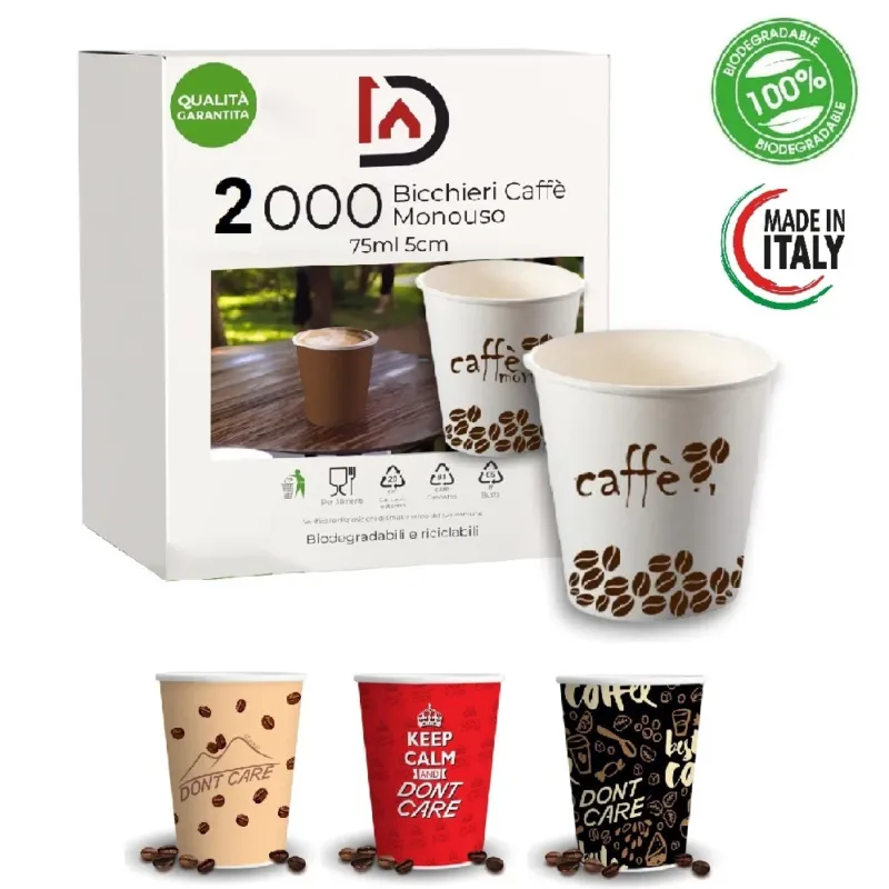 Prezzo Ridotto Bicchieri Caffe Carta 75ml Maxi Scorta 2000pz 100% Biodegradabili Made in Italy