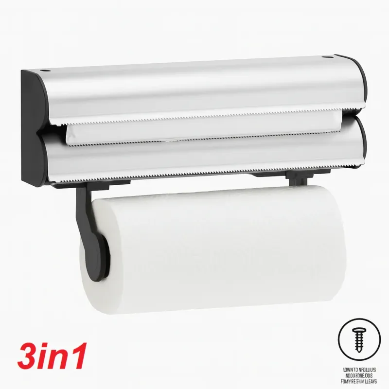 Porta Rotoli da Cucina 3in1 con Taglierino Acciaio da Parete Carta Pellicola Alluminio Subito Disponibile